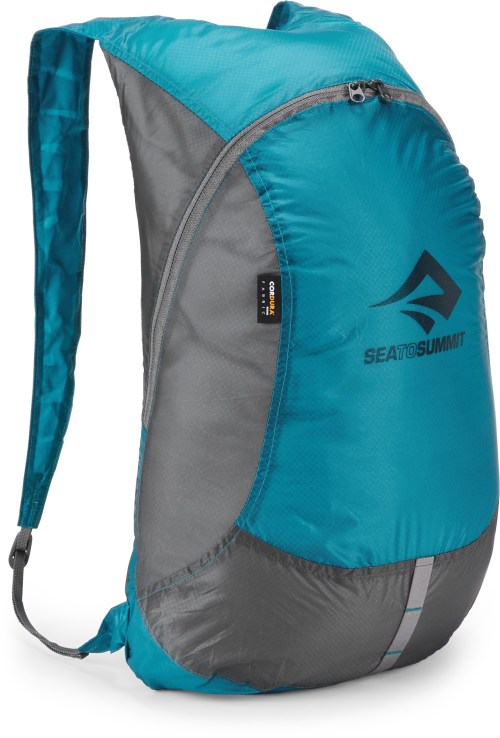 A lightweight, teal and gray backpack with a logo, designed for outdoor activities.
