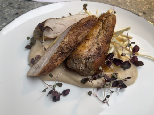 Plated dish featuring two pieces of roasted chicken on a creamy sauce, garnished with microgreens and root vegetables.