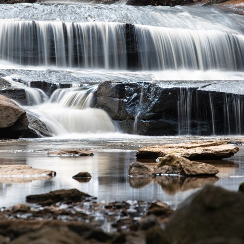 A serene waterfall cascading over rocks into a calm pool, surrounded by natural greenery.