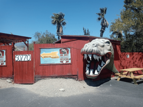 A large dinosaur head sculpture protrudes from a red building, surrounded by palm trees and a picnic table.