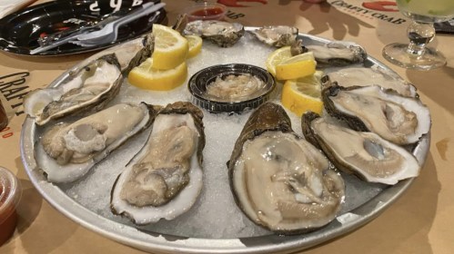 A platter of fresh oysters on ice, garnished with lemon wedges and a small container of sauce.