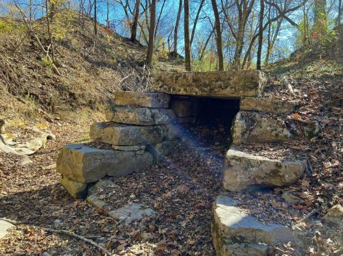 Stone structure partially hidden in a wooded area, surrounded by fallen leaves and trees under a clear blue sky.
