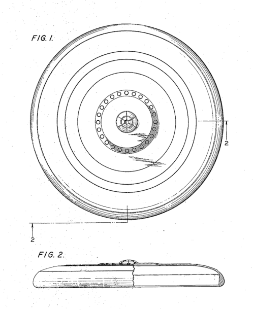 Illustration of a circular object with a central mechanism, shown from the top and side views.