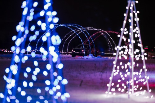 Colorful holiday lights create a festive scene with illuminated trees and arches against a dark winter background.