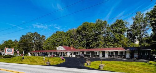 A quaint motel with a red roof, surrounded by green trees and a clear blue sky, set along a quiet road.