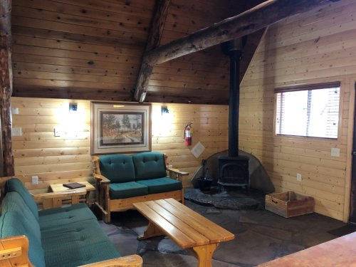 Cozy cabin interior with wooden walls, a stone fireplace, green couches, and a wooden coffee table.