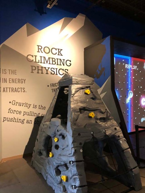 A rock climbing wall exhibit titled "Rock Climbing Physics," featuring climbing holds and educational graphics on physics.