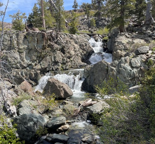 A serene waterfall cascades over rocky terrain, surrounded by lush greenery and tall trees under a clear blue sky.