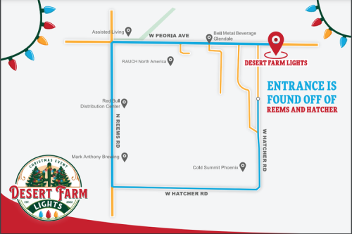Map of Desert Farm Lights event, showing entrance location off Reems and Hatcher roads in Glendale, AZ.