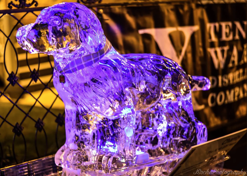 A glowing ice sculpture of a dog, illuminated with purple light, set against a dark background.