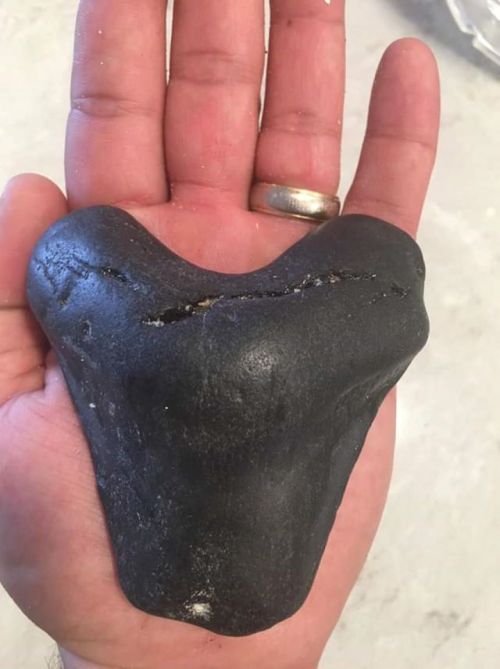 A person’s hand holding a large, heart-shaped black stone with a crack running through it.