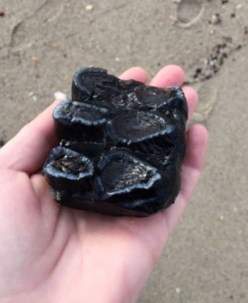 A hand holding a shiny, black rock with smooth, rounded edges, resting on a sandy surface.