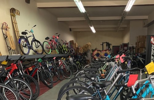 A spacious bike shop filled with various bicycles displayed on shelves and the floor.