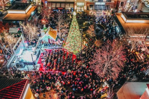 Aerial view of a large crowd gathered around a beautifully lit Christmas tree at a festive outdoor event.