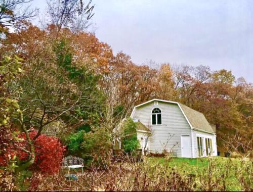 A charming gray house surrounded by colorful autumn trees and a bench in a serene outdoor setting.