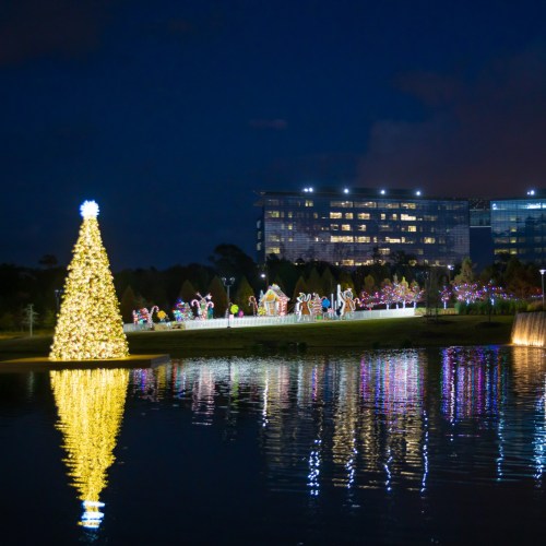 A brightly lit Christmas tree stands by a lake, surrounded by colorful holiday decorations and reflections in the water.