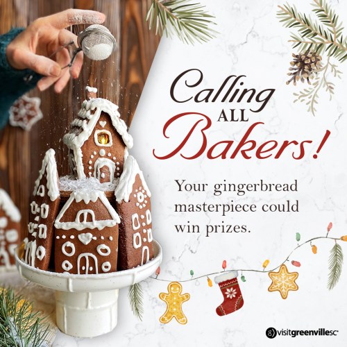 A festive gingerbread house under a glass dome with a call to bakers to enter a contest for prizes.