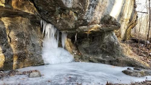 Icicles hang from a rocky overhang, with a frozen pool of water below, surrounded by dry leaves and rocky terrain.