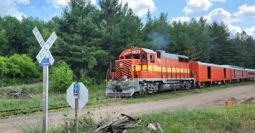 An orange and black train with passenger cars stops near a railroad crossing sign in a wooded area.