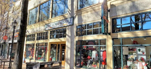 A general store with large windows displaying holiday decorations, surrounded by trees and a sidewalk.