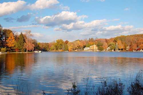 A serene lake surrounded by colorful autumn trees and a cloudy blue sky, reflecting the vibrant scenery.