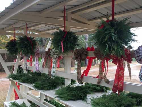 A display of festive wreaths hanging on a wooden rack, adorned with ribbons and bows, set outdoors.