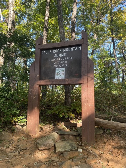 Sign at Table Rock Mountain Summit, displaying elevation of 3124 feet, surrounded by trees and rocky terrain.