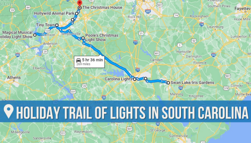 Map showing the Holiday Trail of Lights route in South Carolina, highlighting various festive locations.