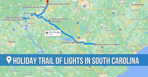 Map showing the Holiday Trail of Lights route in South Carolina, highlighting various festive locations.