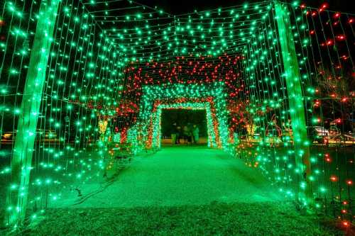 A pathway adorned with vibrant green and red holiday lights, creating a festive tunnel effect at night.