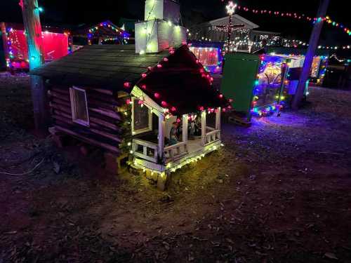 A small log cabin decorated with colorful lights, surrounded by festive decorations in a nighttime setting.