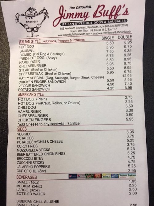 Menu from Jimmy Buff's featuring hot dogs, sausages, burgers, sandwiches, and sides with prices listed.