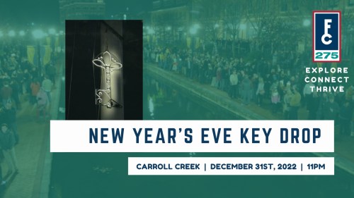 A festive New Year's Eve event poster featuring a key drop at Carroll Creek on December 31, 2022, at 11 PM.