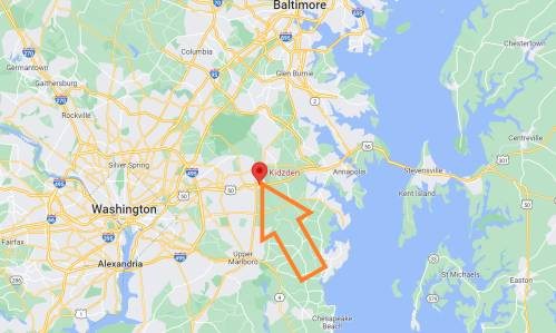 Map highlighting Kidzden, located southeast of Washington, D.C., near Annapolis and the Chesapeake Bay.