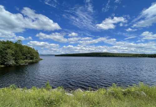 A serene lake surrounded by lush greenery and a bright blue sky with fluffy clouds.