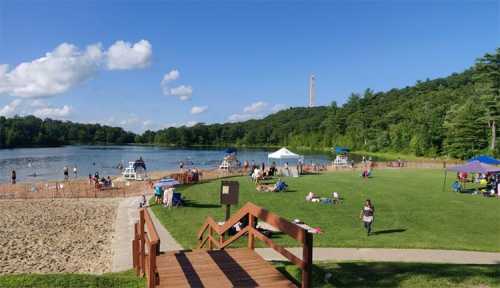 A sunny lakeside scene with people enjoying the beach, picnicking, and relaxing on the grass near the water.