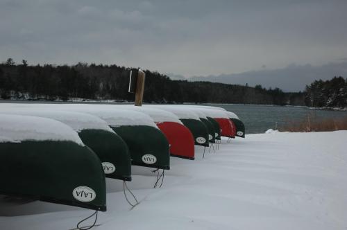 Row of covered canoes in snow by a lake, with a cloudy sky and trees in the background.