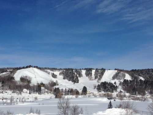 Snow-covered hills under a clear blue sky, with trees and a frozen lake in the foreground.