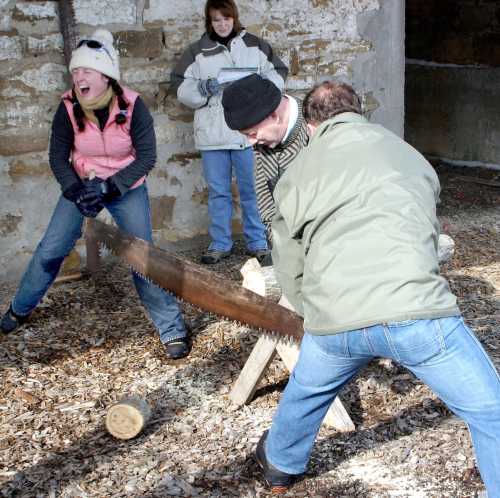 Two people saw a log together while a third person watches, smiling, in a rustic outdoor setting.