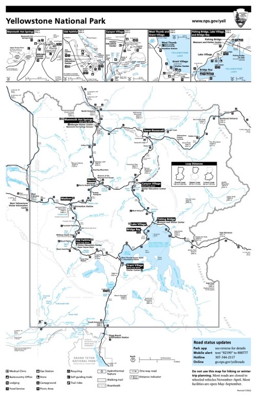 Map of Yellowstone National Park showing roads, attractions, and key locations for visitors.