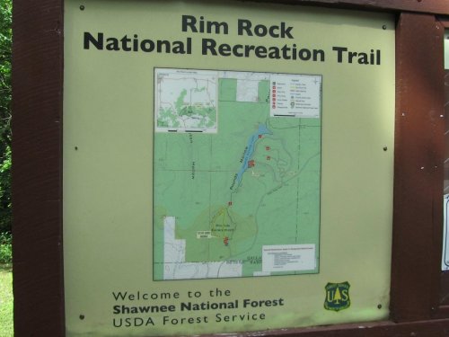 Map of the Rim Rock National Recreation Trail in Shawnee National Forest, highlighting trails and features.