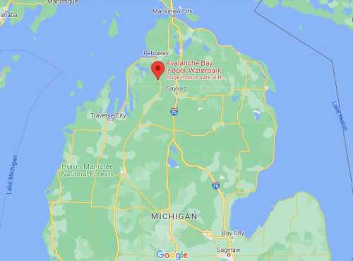 Map of Michigan highlighting the location of Avalanche Bay Indoor Waterpark near Gaylord.