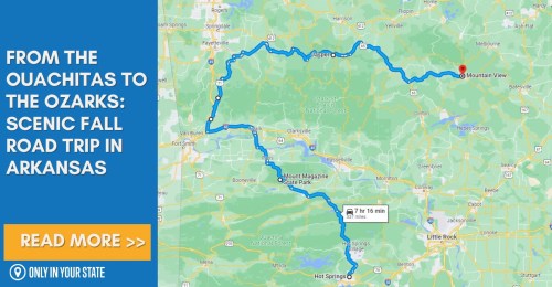Map highlighting a scenic fall road trip route from the Ouachitas to the Ozarks in Arkansas.