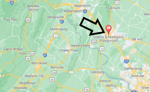 Map showing the location of Sophie & Madigan's Playground, marked with an arrow, near Harpers Ferry and Martinsburg.