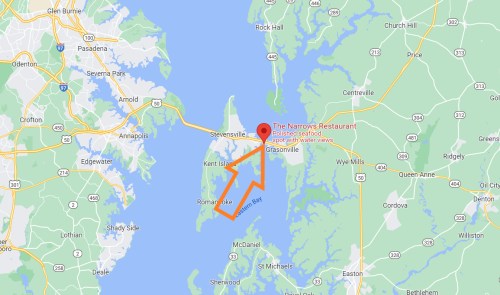 Map showing the location of The Narrows Restaurant in Grasonville, Maryland, with highlighted route directions.