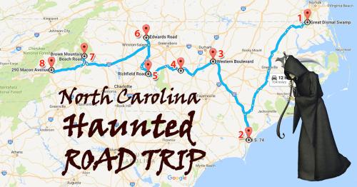 Map of North Carolina highlighting a haunted road trip route with numbered stops and a ghostly figure.