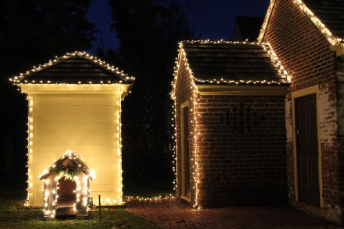 A cozy outdoor scene featuring a small building and a doghouse, both adorned with warm white string lights at night.
