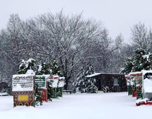Snow-covered landscape with decorated huts and trees, creating a festive winter scene.