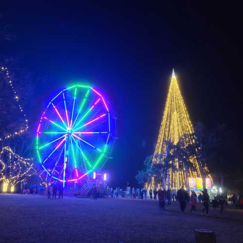 A vibrant night scene featuring a colorful Ferris wheel and a tall, illuminated Christmas tree surrounded by people.