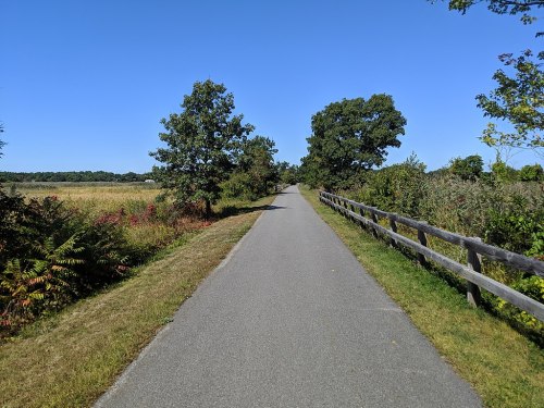 A paved path stretches through a grassy area, flanked by trees and a wooden fence under a clear blue sky.